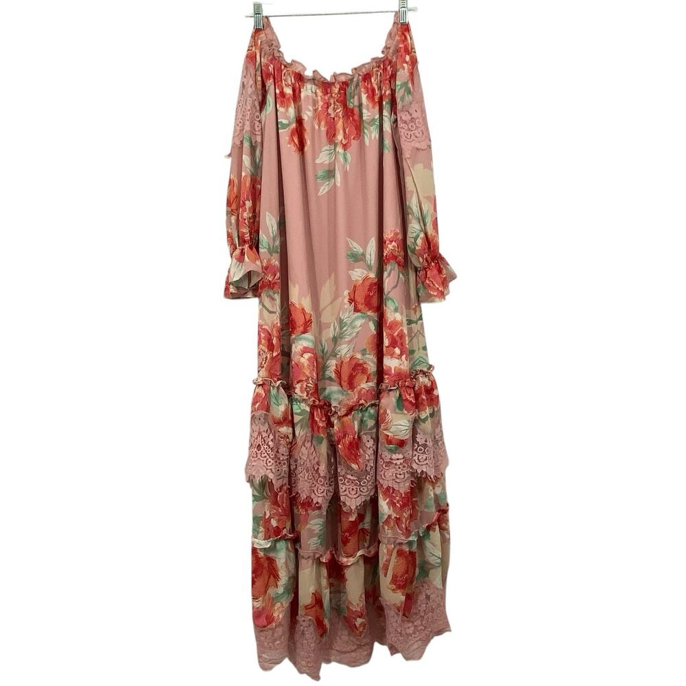 Champagne & Strawberry Maxi Dress Small Off Shoulder Pink Floral Chiffon Peasant - Picture 3 of 16
